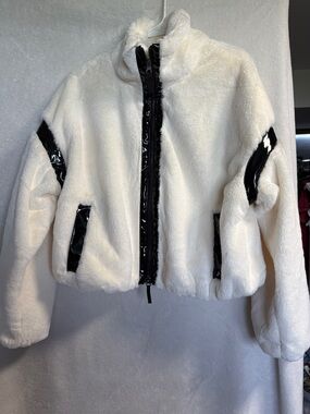JoyLab White Faux Fur Zip Jacket with Black Trim